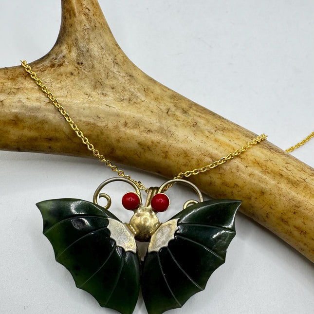 Vintage Green Jade Butterfly Red Coral Gold Filled Necklace - Lucky Everyday Minimal Pin Brooch