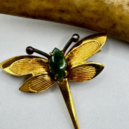 Vintage TINY Dragonfly Green Jade Brooch Pin - Gold Filled with Velvet Choker - Small Scatter Pin Lucky Jade Design