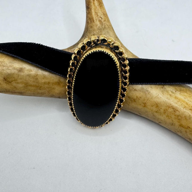 Vintage Lucky Black Onyx Brooch Pin - Gold Filled - Black Velvet Choker - Small and Simple