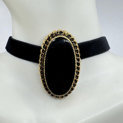 Vintage Lucky Black Onyx Brooch Pin - Gold Filled - Black Velvet Choker - Small and Simple