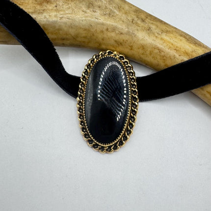 Vintage Lucky Black Onyx Brooch Pin - Gold Filled - Black Velvet Choker - Small and Simple