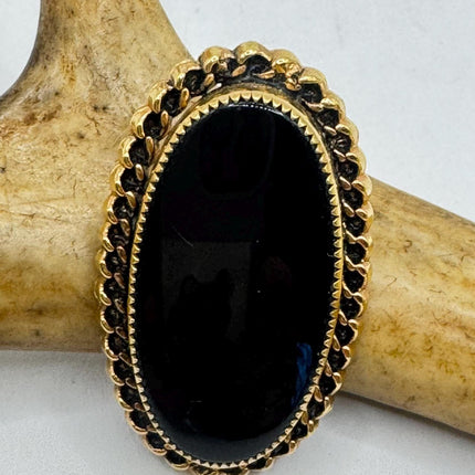 Vintage Lucky Black Onyx Brooch Pin - Gold Filled - Black Velvet Choker - Small and Simple