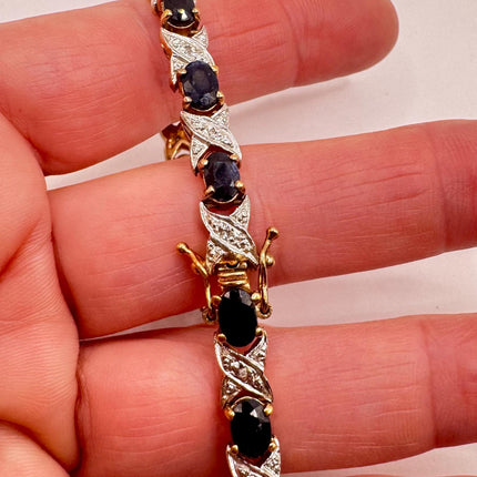 Vintage Tennis Bracelet Blue Sapphire and Diamond Chip Set in Gold 925 Sterling Silver