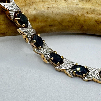 Vintage Tennis Bracelet Blue Sapphire and Diamond Chip Set in Gold 925 Sterling Silver
