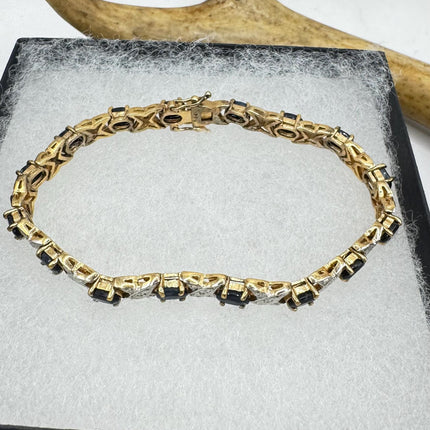 Vintage Tennis Bracelet Blue Sapphire and Diamond Chip Set in Gold 925 Sterling Silver