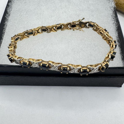 Vintage Tennis Bracelet Blue Sapphire and Diamond Chip Set in Gold 925 Sterling Silver