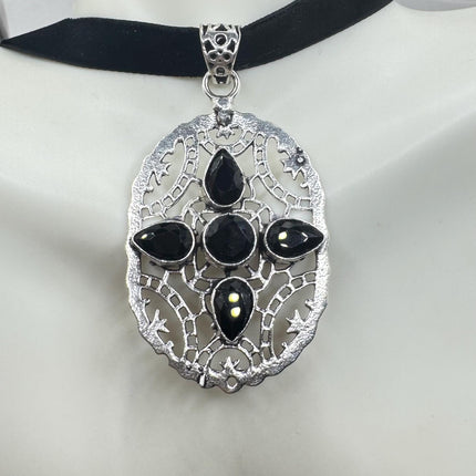 Vintage Black Jet Pendant Ribbon Choker Necklace Silver Bronze Necklace Statement