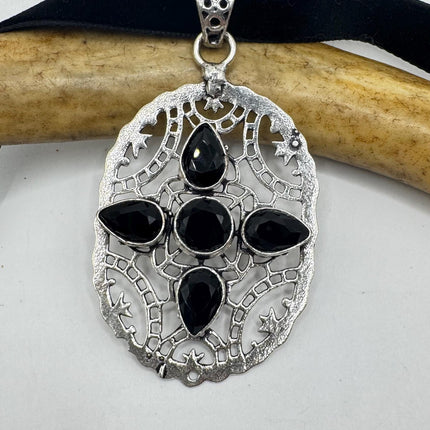 Vintage Black Jet Pendant Ribbon Choker Necklace Silver Bronze Necklace Statement