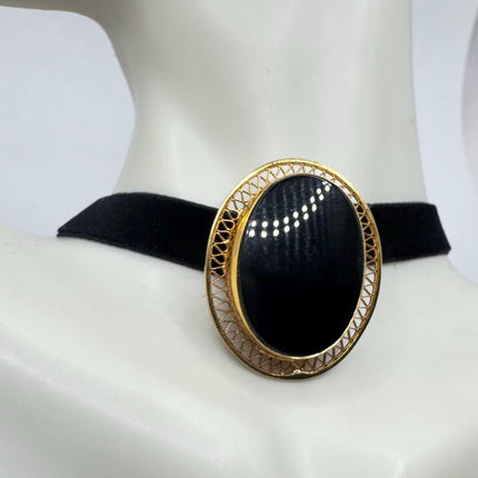 Vintage Lucky Black Onyx Brooch Pin - Gold Filled - Black Velvet Choker - Small and Simple
