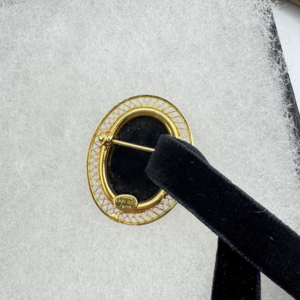 Vintage Lucky Black Onyx Brooch Pin - Gold Filled - Black Velvet Choker - Small and Simple