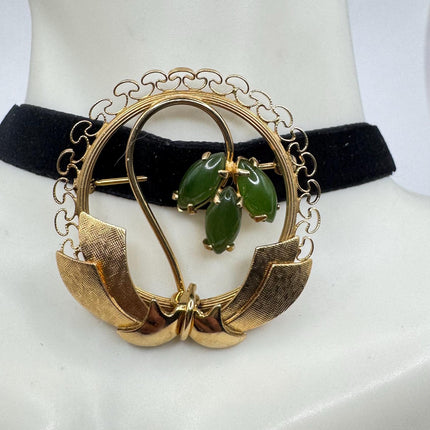 Vintage Green Jade Brooch Pin - Gold Filled with Velvet Choker - Small Lucky Jade Design
