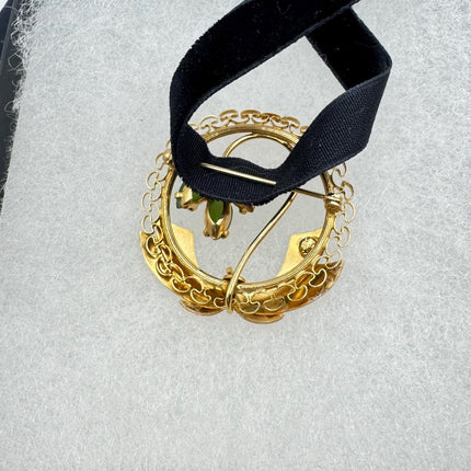 Vintage Green Jade Brooch Pin - Gold Filled with Velvet Choker - Small Lucky Jade Design