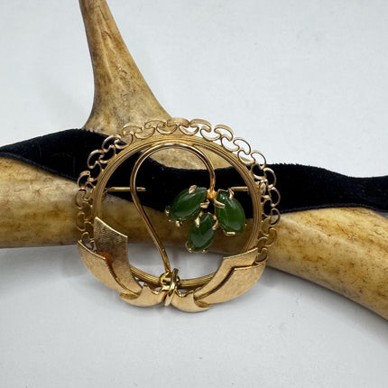 Vintage Green Jade Brooch Pin - Gold Filled with Velvet Choker - Small Lucky Jade Design