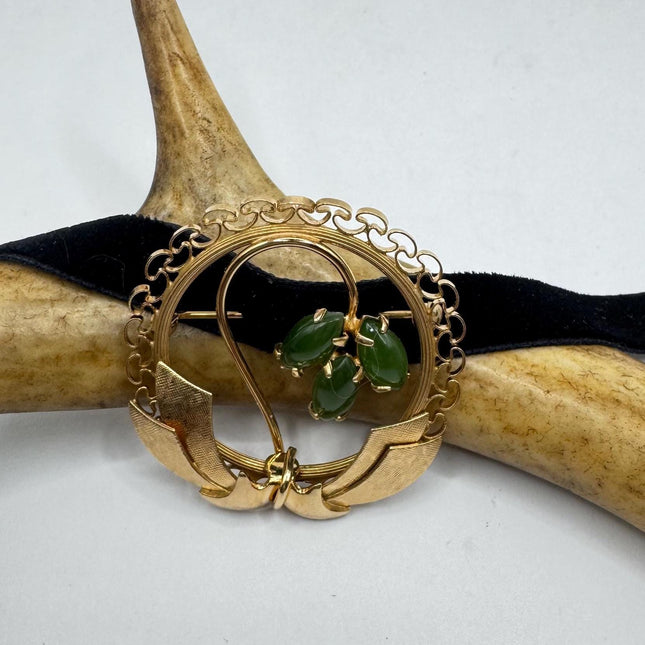 Vintage Green Jade Brooch Pin - Gold Filled with Velvet Choker - Small Lucky Jade Design