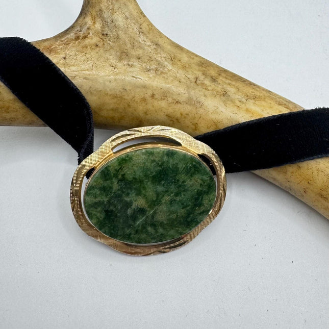 Vintage Green Jade Brooch Pin - Gold Filled with Velvet Choker - Small Lucky Jade Design