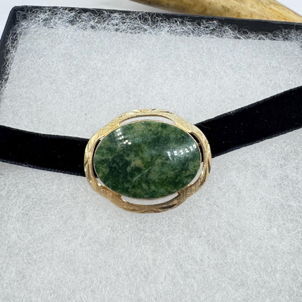 Vintage Green Jade Brooch Pin - Gold Filled with Velvet Choker - Small Lucky Jade Design