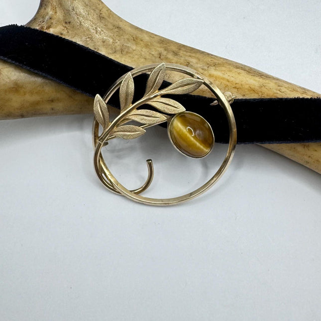 Vintage Tigers Eye Flower Brooch Pin - 14K Gold Filled on Black Velvet Ribbon Choker