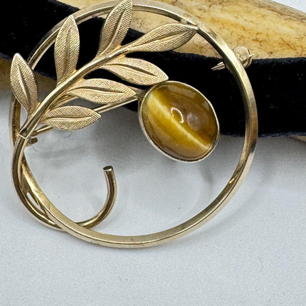 Vintage Tigers Eye Flower Brooch Pin - 14K Gold Filled on Black Velvet Ribbon Choker