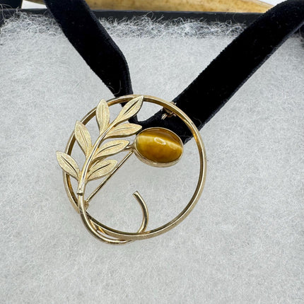 Vintage Tigers Eye Flower Brooch Pin - 14K Gold Filled on Black Velvet Ribbon Choker