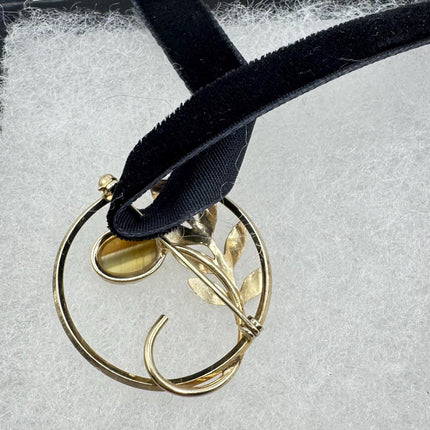 Vintage Tigers Eye Flower Brooch Pin - 14K Gold Filled on Black Velvet Ribbon Choker