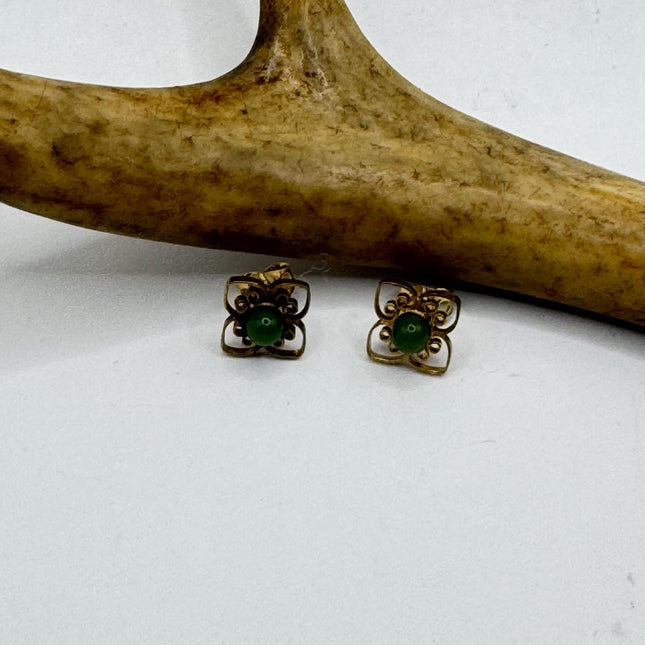 Vintage Green Jade Gold Tiny Dangle Earrings