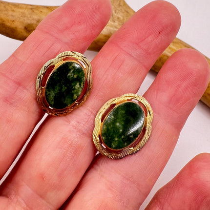 Vintage Green Nephrite Jade Clip-On Earrings 12k Gold Filled Delicate Screw Back Design