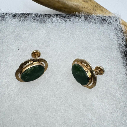 Vintage Green Nephrite Jade Clip-On Earrings 12k Gold Filled Delicate Screw Back Design