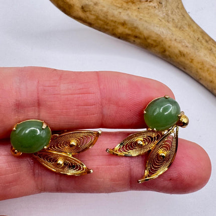 Vintage Green Nephrite Jade Clip-On Earrings 12k Gold Filled Delicate Screw Back Design