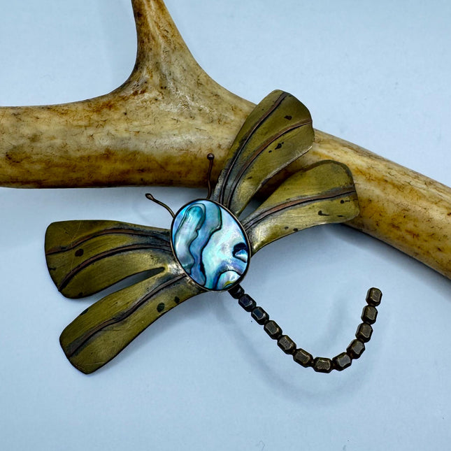 Vintage Dragonfly Green Abalone Brooch Pin - Gold Bronze Scatter Pin Design
