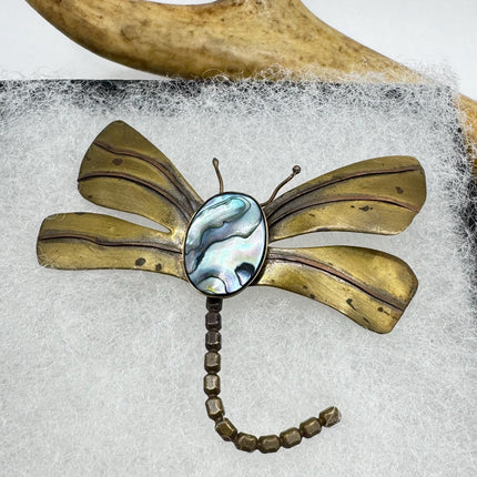 Vintage Dragonfly Green Abalone Brooch Pin - Gold Bronze Scatter Pin Design