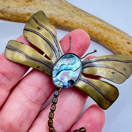 Vintage Dragonfly Green Abalone Brooch Pin - Gold Bronze Scatter Pin Design