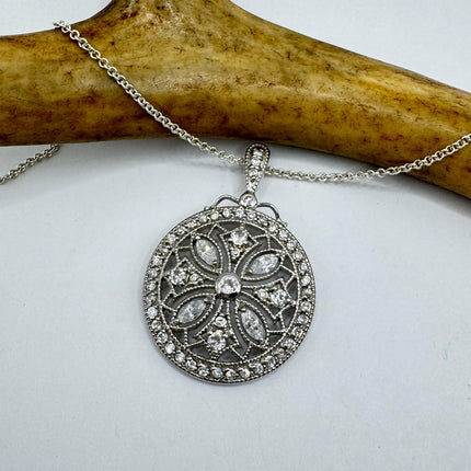 Vintage White Diamond Evil Eye Peace Sign 925 Sterling Silver Necklace - Antique Design