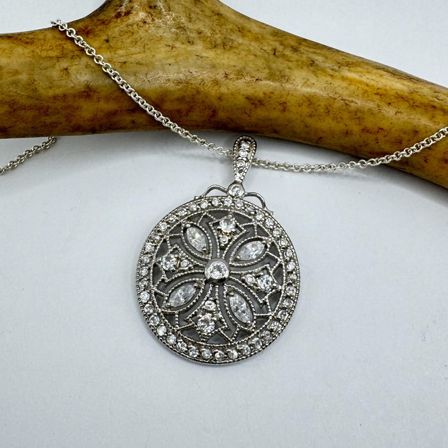 Vintage White Diamond Evil Eye Peace Sign 925 Sterling Silver Necklace - Antique Design