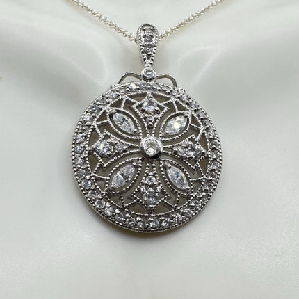 Vintage White Diamond Evil Eye Peace Sign 925 Sterling Silver Necklace - Antique Design