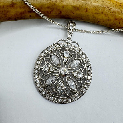 Vintage White Diamond Evil Eye Peace Sign 925 Sterling Silver Necklace - Antique Design