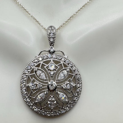 Vintage White Diamond Evil Eye Peace Sign 925 Sterling Silver Necklace - Antique Design