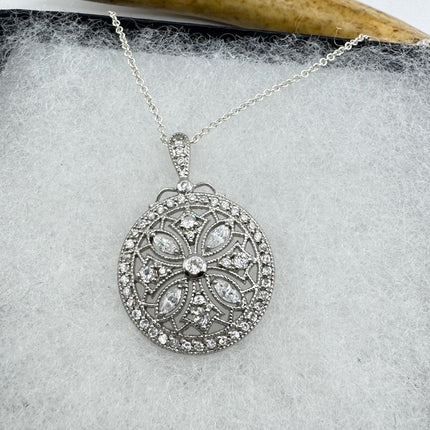 Vintage White Diamond Evil Eye Peace Sign 925 Sterling Silver Necklace - Antique Design
