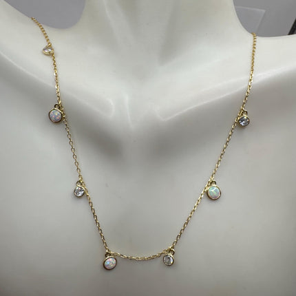 Vintage Silver Necklace | Tiny White Fire Opal Gemstone Crystal Diamond | 925 Sterling Silver Minimalist Charm Pendant Chain Necklace