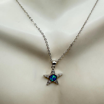 Vintage Blue Fire Opal Star Necklace - Sterling Silver Minimalist Chain