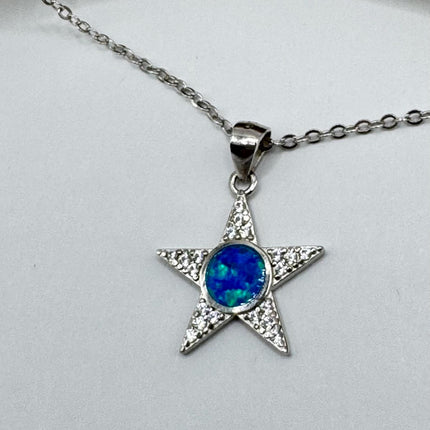 Vintage Blue Fire Opal Star Necklace - Sterling Silver Minimalist Chain