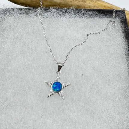 Vintage Blue Fire Opal Star Necklace - Sterling Silver Minimalist Chain