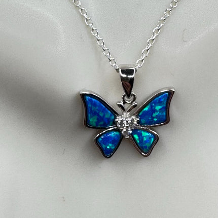 Vintage Blue Fire Opal Butterfly Necklace - Sterling Silver Minimalist Chain