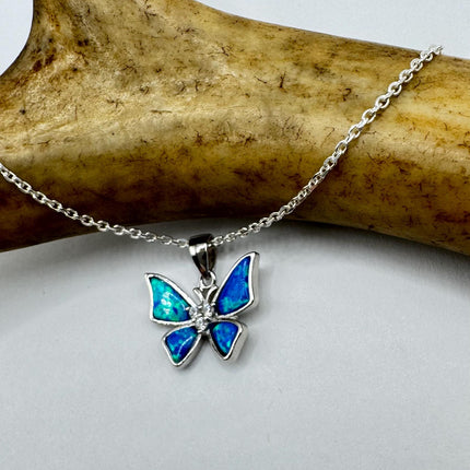 Vintage Blue Fire Opal Butterfly Necklace - Sterling Silver Minimalist Chain