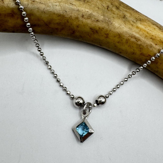 Vintage Tiny Blue Topaz Necklace Dainty Sterling Silver Chain Minimalist Crystal 925 Silver Simple Style