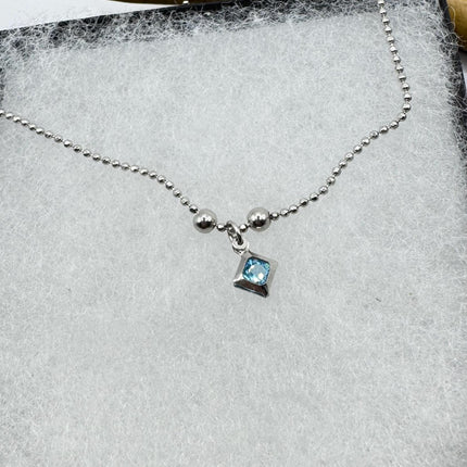 Vintage Tiny Blue Topaz Necklace Dainty Sterling Silver Chain Minimalist Crystal 925 Silver Simple Style