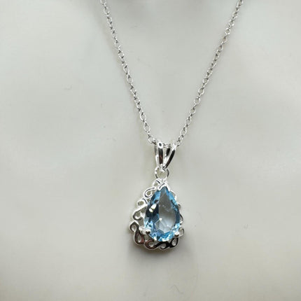 Vintage Tiny Blue Topaz Necklace Dainty Sterling Silver Chain Minimalist Crystal 925 Silver Simple Style