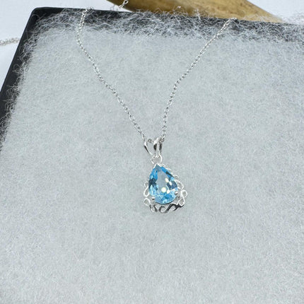 Vintage Tiny Blue Topaz Necklace Dainty Sterling Silver Chain Minimalist Crystal 925 Silver Simple Style