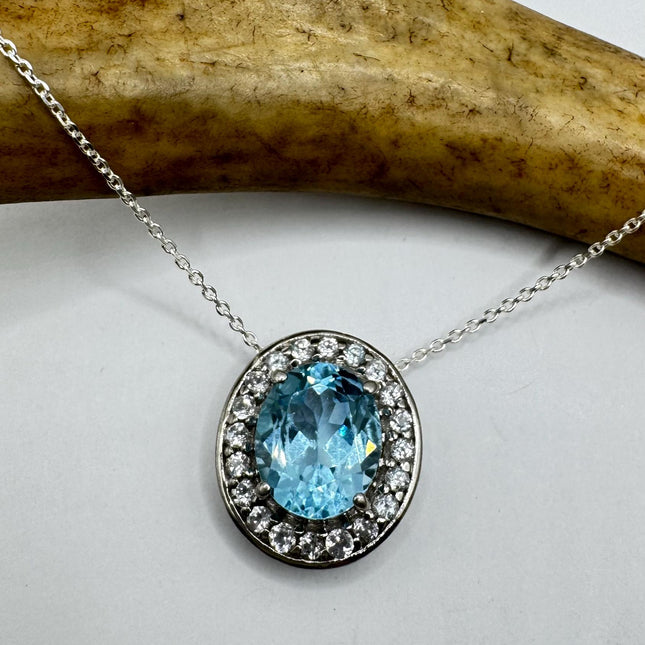 Vintage Tiny Blue Topaz Necklace Dainty Sterling Silver Chain Minimalist Crystal 925 Silver Simple Style