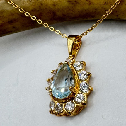 Vintage Tiny Blue Topaz Necklace Dainty Gold Sterling Silver Chain Minimalist Crystal 925 Silver Simple Style