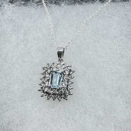 Vintage Tiny Blue Topaz Necklace Dainty Sterling Silver Chain Minimalist Crystal 925 Silver Simple Style